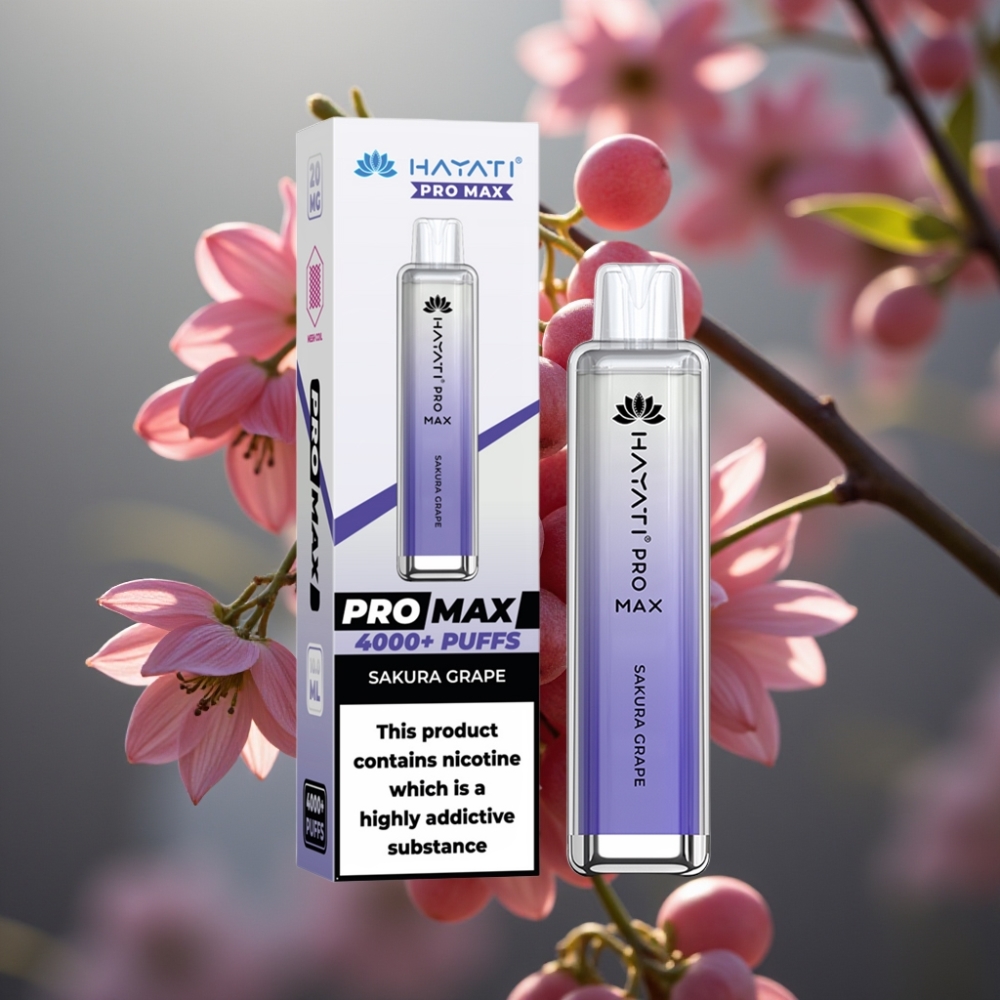 Hayati Pro Max 4000 Puffs Engångs-Vape Körsbärsblom Vindruva • 2%/5% Nikotin • 1400mAh • 28x28x120mm