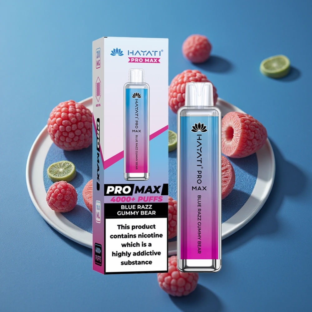 Hayati Pro Max 4000 Puffs Engångsvape Blå Hallon Gummibjörn 28×28×120mm 2ml/10ml 1400mAh