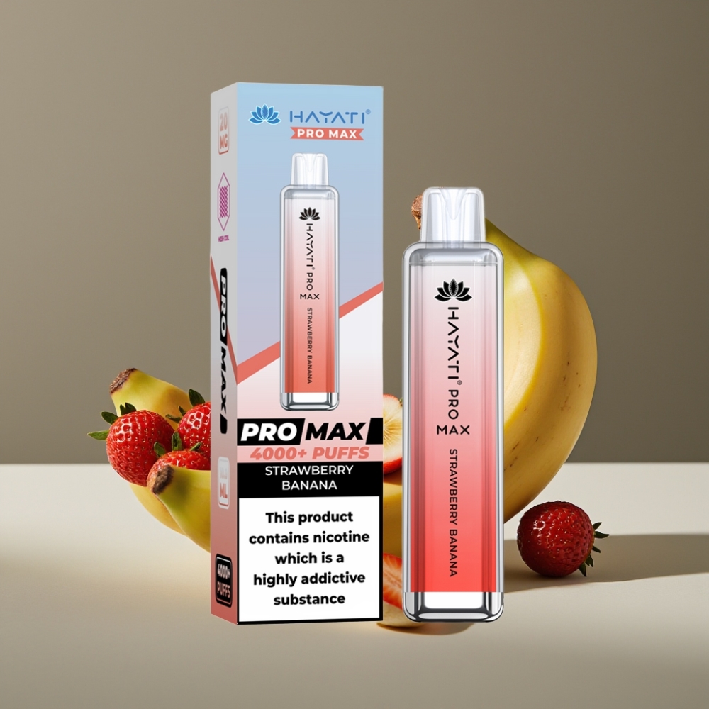 Hayati Pro Max 4000 Puffs Engångsvape Jordgubb Banan 28×28×120mm 5% 1400mAh
