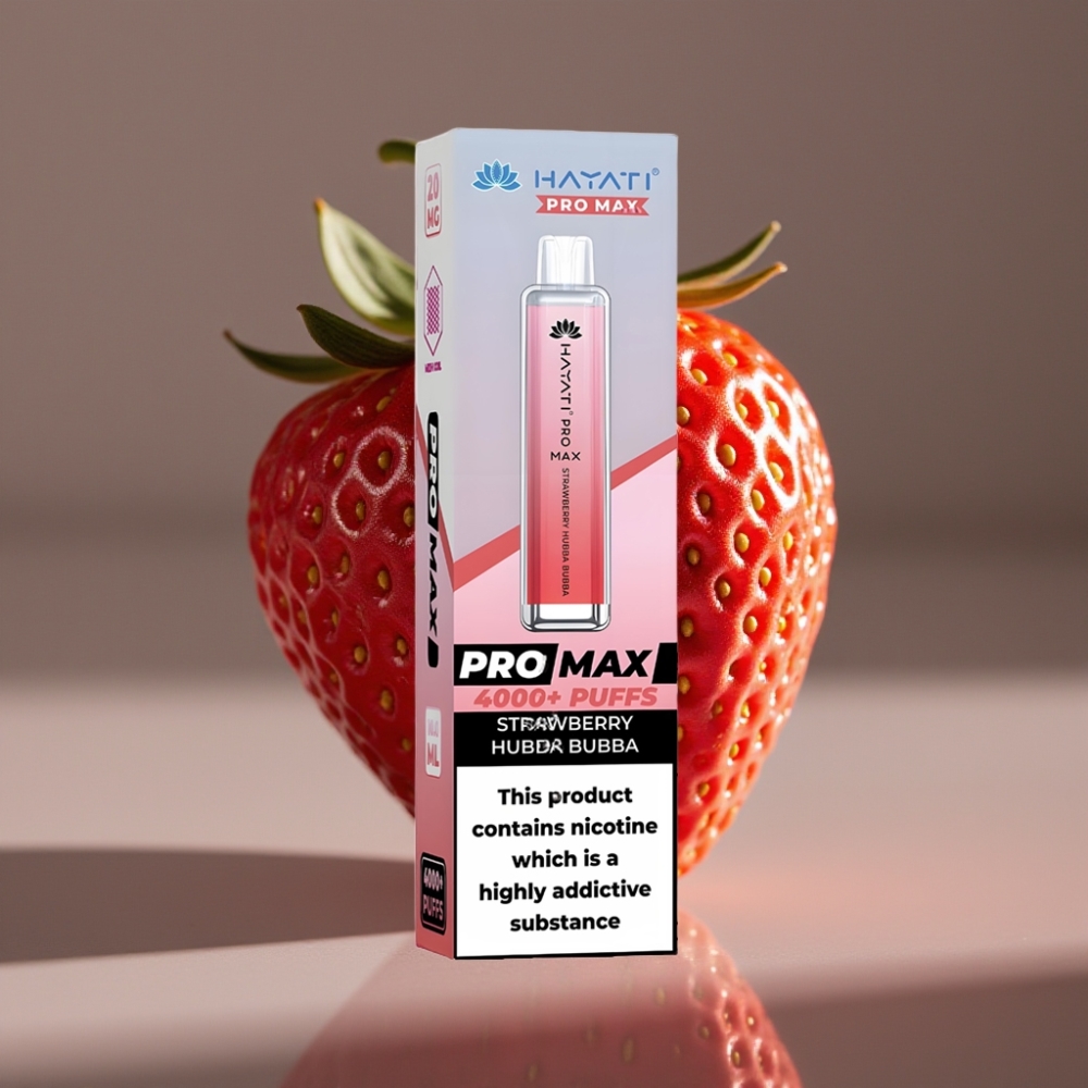 Hayati Pro Max 4000 Puffs Engångsvape Jordgubbe Hubba Bubba, 2%/5% Nikotin, 1400mAh, 28×28×120mm