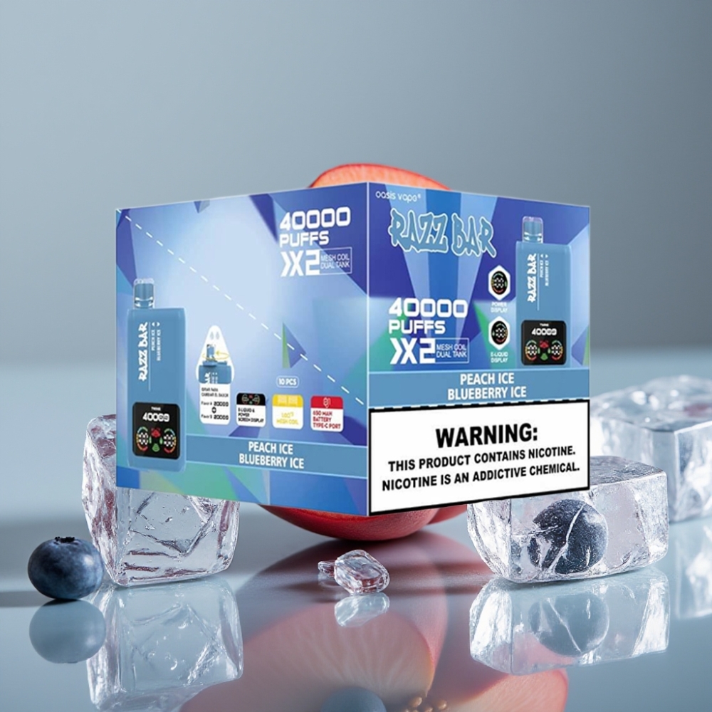 Razz Bar 40000 Puffs Engångsvape PEACH ICE & BLUEBERRY ICE 1.0Ω×2 Mesh Coil 650mAh