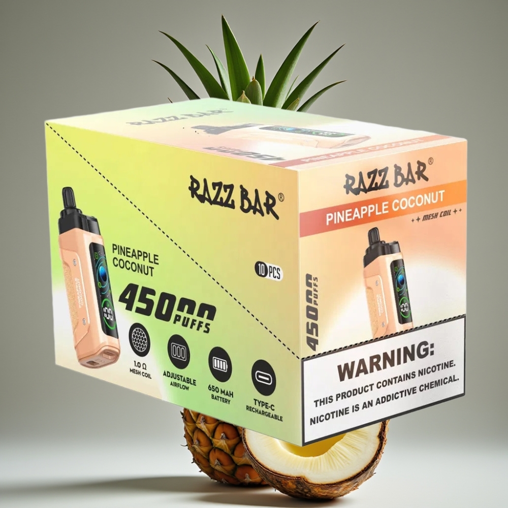 Razz Bar 45000 Puffs Engångsvape Ananas Kokos 45000 puffar, 1.0 Ohm Mesh, Justerbar Luftflöde