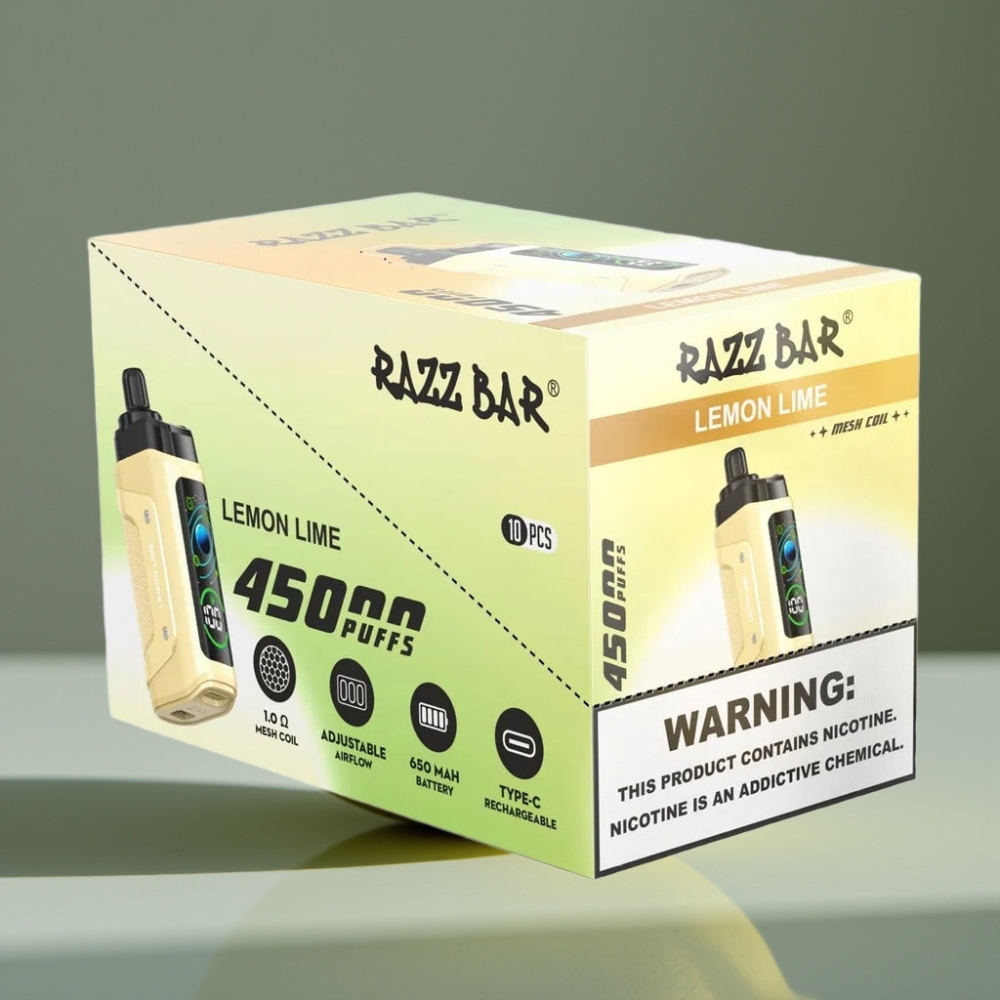 Razz Bar 45000 Puffs Engångsvape Citron Lime, 45000 puffar, 1.0 Ohm Mesh Coil, Inställbar Luftflöde