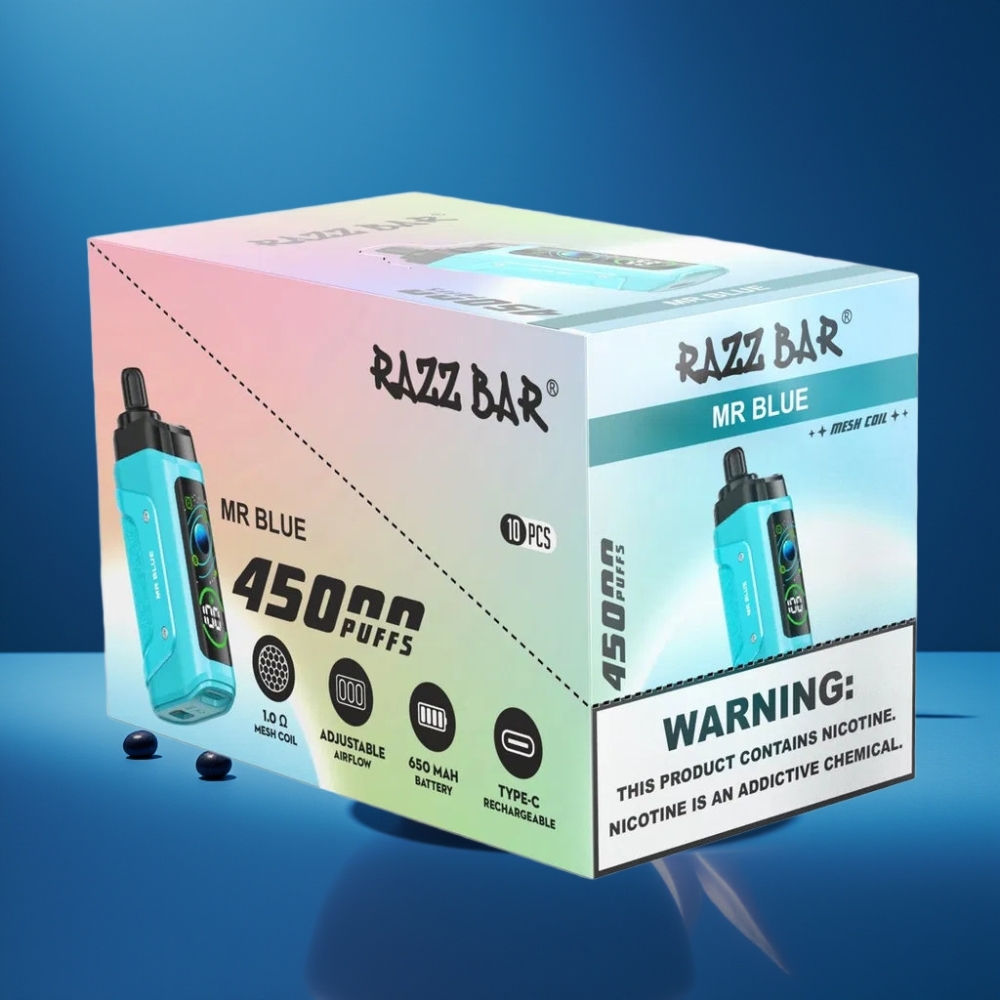 Razz Bar 45000 Puffs Engångsvape Mr Blå – 45000 puff, 1.0 Ohm Mesh, Justerbar luftflöde