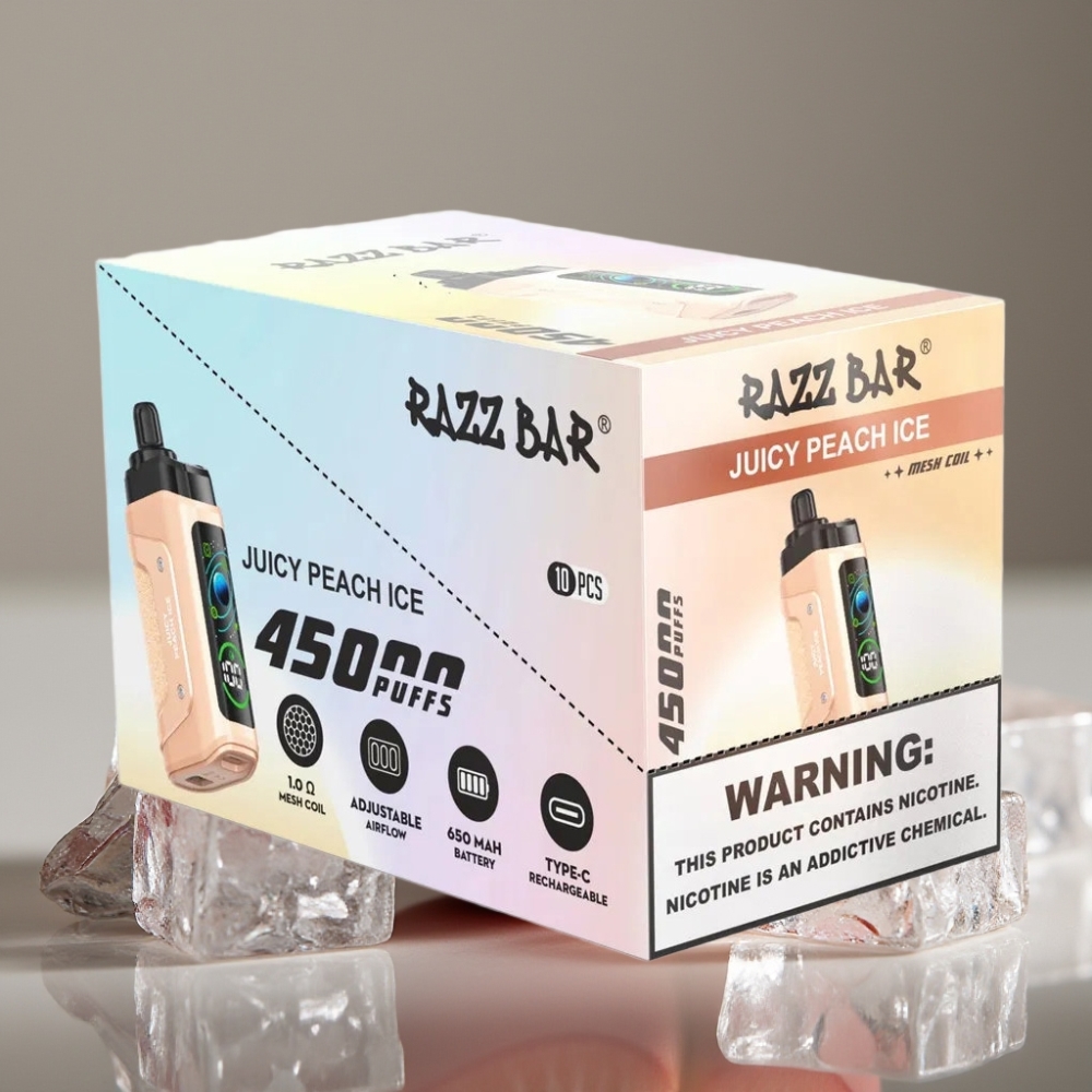 Razz Bar 45000 Puffs Engångsvape Saftig Persika Is, 45000 puffar, 1.0 Ohm Mesh Coil, Justerbar Luftflöde